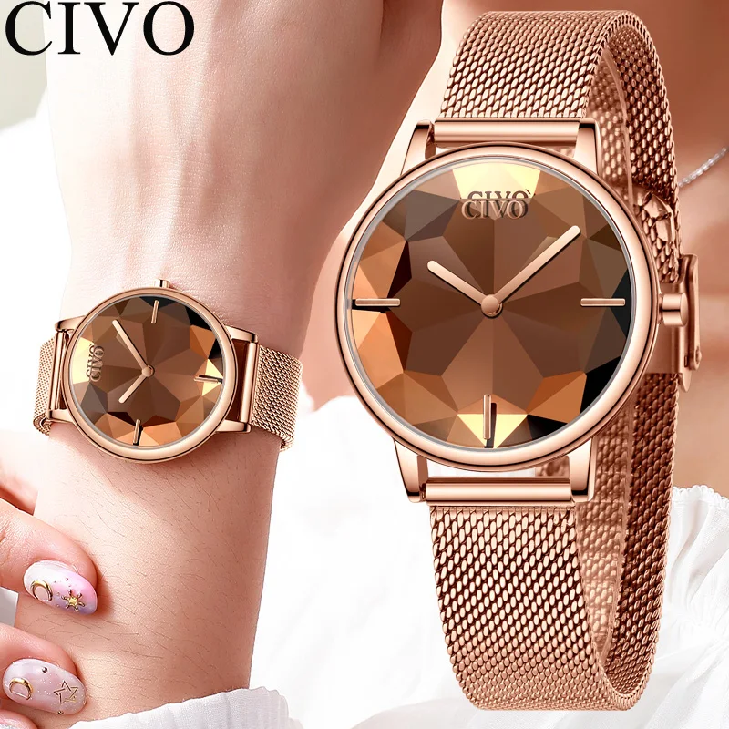 CIVO Новые креативные часы для женщин Роскошные водонепроницаемые Rosegold кварцевые женские часы сетчатый ремешок наручные часы для девочек Reloj Mujer 8109C