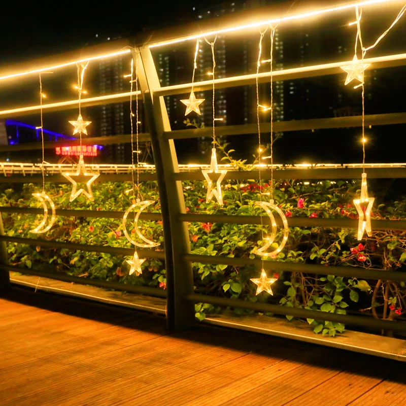 Solar String Lights Outdoor 138LED Christmas Solar Powered Curtain Lights Star Moon Lights Twinkle LED Fairy Lights for Garden outdoor fence lights