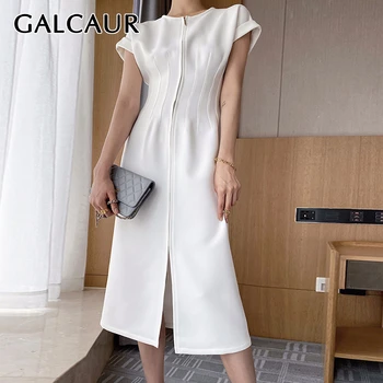

GALCAUR Slim Women's Dress O Neck Short Sleeve Tunic High Waist Split Midi Summer Dresses Females 2020 Korean Chic Style New
