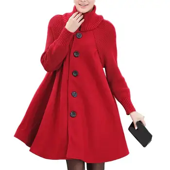 

Solid Color Women Winter High Neck Long Sleeve Knitted Sweater Cape Cloak Coat Loose Buttons Closure All-match Women's Cloak Coa