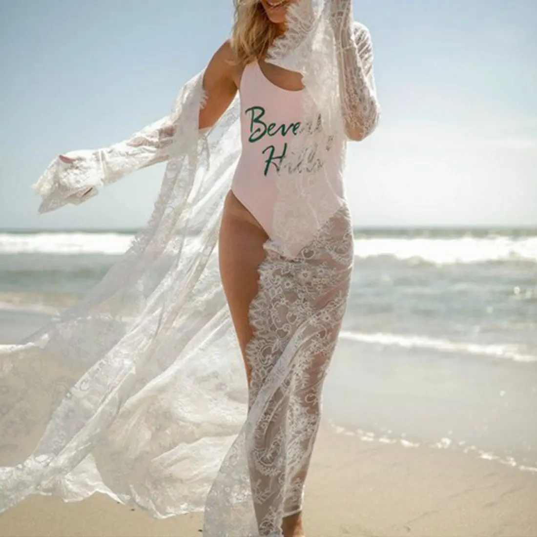 Черный Whie женский кружевной Цветочный кардиган пляжное длинное платье накидка сексуальное бикини покрытие Солнцезащитная пляжная одежда