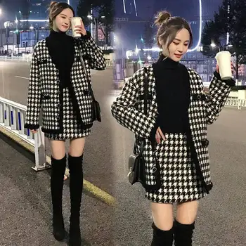 

Houndstooth Vintage Two Piece Sets Outfits Women Autumn Cardigan Tops And Mini Skirt Suits Elegant Ladies Fashion 2 Piece AA085