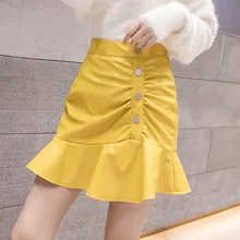 Осень Корейская новая высокая талия дикая Милая Высококачественная юбка из искусственной кожи Женская юбка модная юбка с оборками