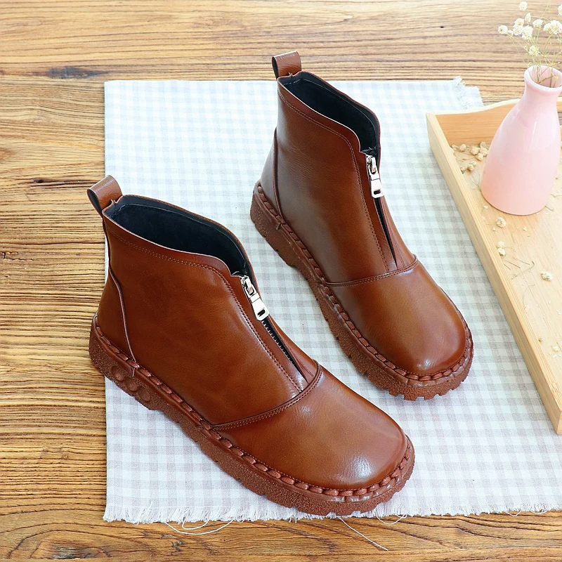 

British style Martin Boots Literary Retro Flat Short Boots Hand-Made Soft Bottom Women's Boots Mori Girl Plus Velvet Ankle Boots