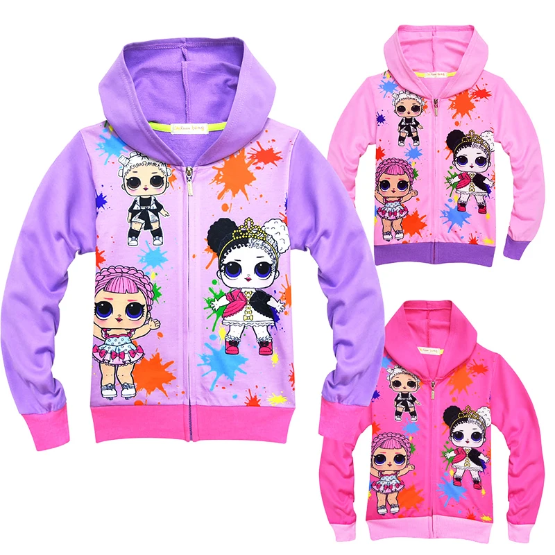 

2019 LOL Surprise Doll Cartoon Pattern Autumn Thin Girls Hoodie Cardigan Print Jacket Three-color Cuffs Contrast Color Coat 2Q04