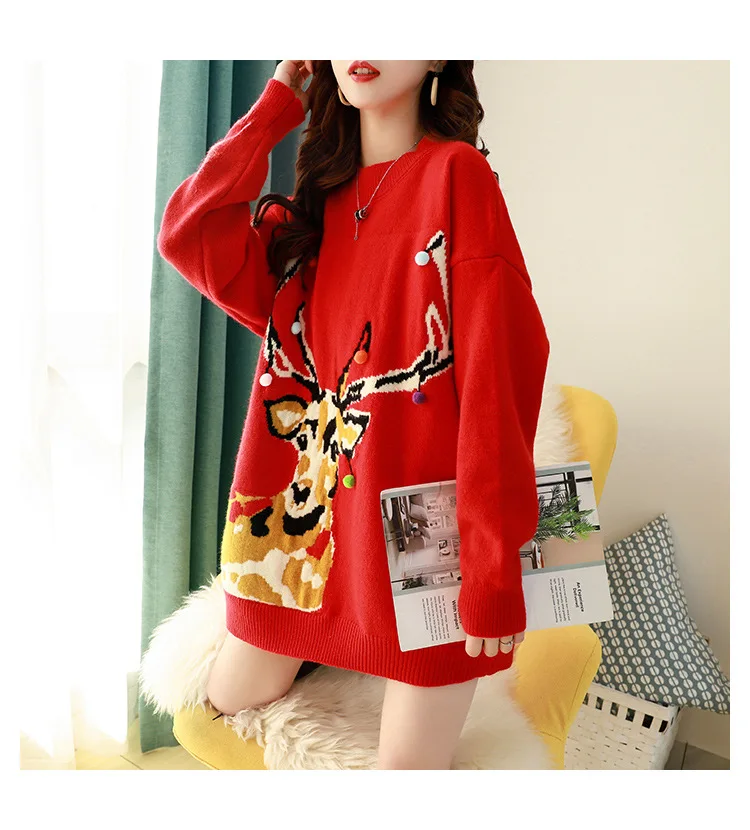 Red Christmas Deer Sweaters Women Autumn Winter Long Sleeve Sweaters Pullover Knitted Tops Xmas Trendy Embroidery Loose Sweaters