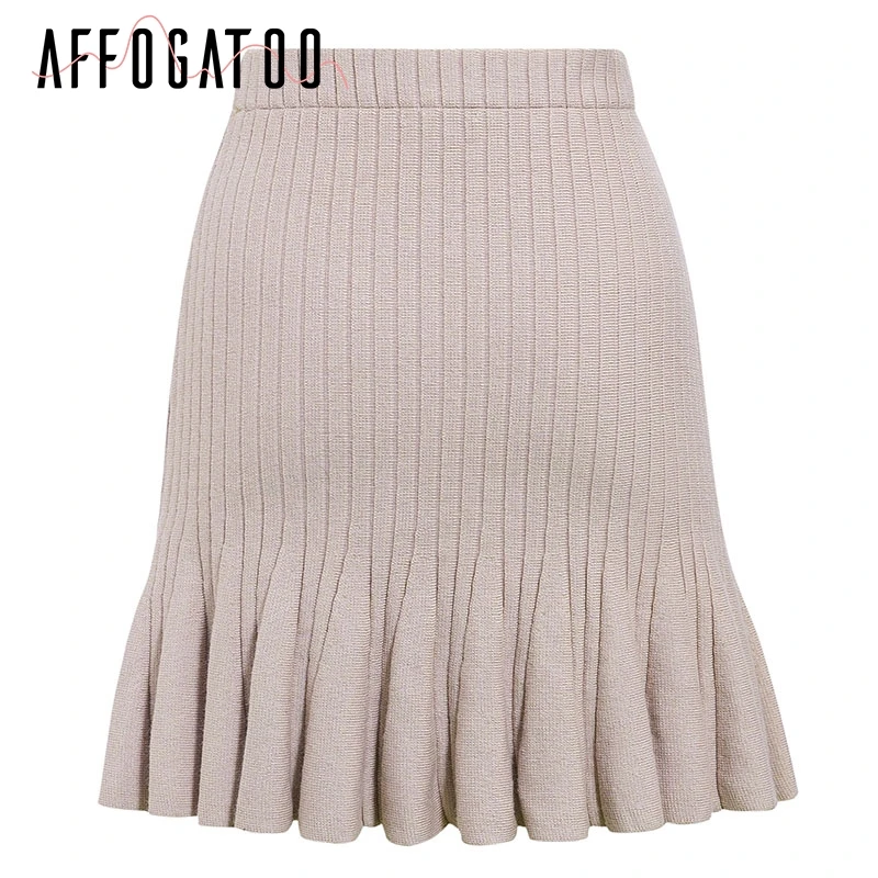 Affogatoo Elegant A-line high waist women knitted mini skirt Autumn winter female ruffle short skirt Casual party ladies skirts