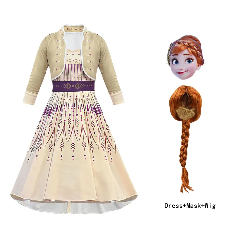 Beige Dress Mask Wig С принтом Эльзы, Анны; 2 костюм для девочек-подростков платье для девочек год детская парик маска вечерние приталенное платье ребенка замаскировать до туника для косплея ткань до 10 ти лет - Цвет: Beige Dress Mask Wig