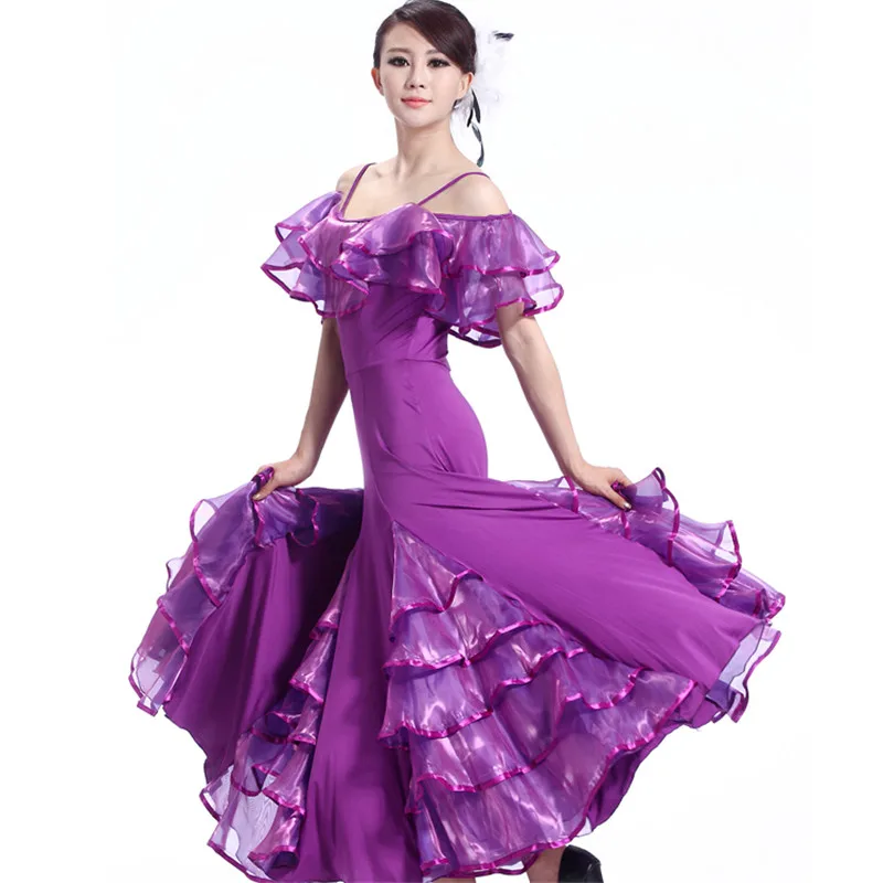 

New Ballroom Dance Dress Woman Modern Shoulder straps Lotus leaf collar Long skirt Waltz Tango Dress/standard Competition