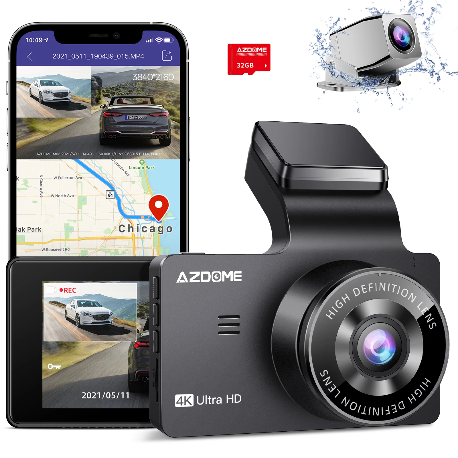 AZDOME M63 Dash Cam Dual Lens 4K UHD Recording Car Camera DVR Night Vision WDR Built-In GPS Wi-Fi G-Sensor Motion Detection | Автомобили и