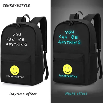 

Senkey &Style Smiley Face Student Backpack Luminous USB Charge Laptop Computer Backpacks For Teenager Anti-theft Boys School Bag