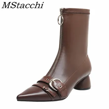 

Mstacchi Front Zipper Metal Belt Buckle Round Heel Woman Short Boots Solid Color Mature Classics Madam Shoes Botas De Mujer 2020