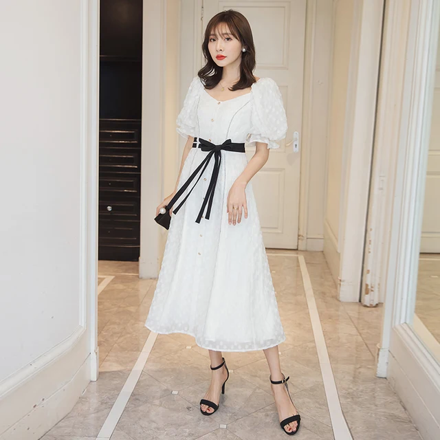 $US $59.50 YIGELILA New Arrivals White Dress Square Collar Short Sleeves With Belt Dress A-line Lantern Sleeves Solid Dress 65458