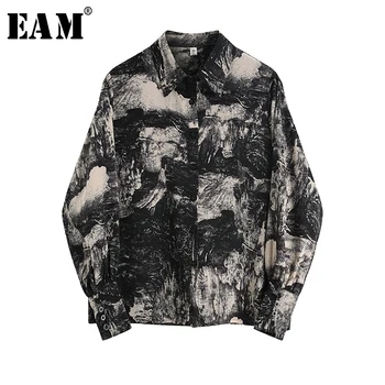 

[EAM] Women Black Pattern Printed Big SizeBlouse New Lapel Long Sleeve Loose Fit Shirt Fashion Tide Spring Autumn 2020 1S387