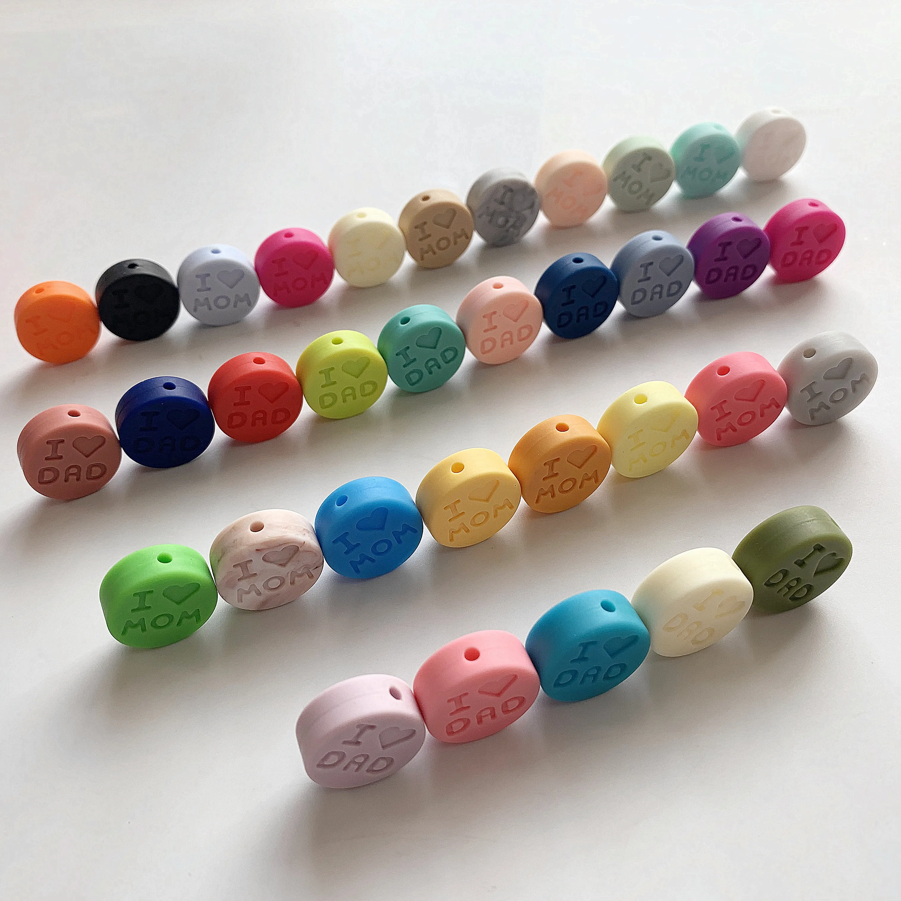 Perles de Dentition rondes en Silicone, 16 pièces, 18mm, jouets DIY, sans BPA, I Love Mom Dad