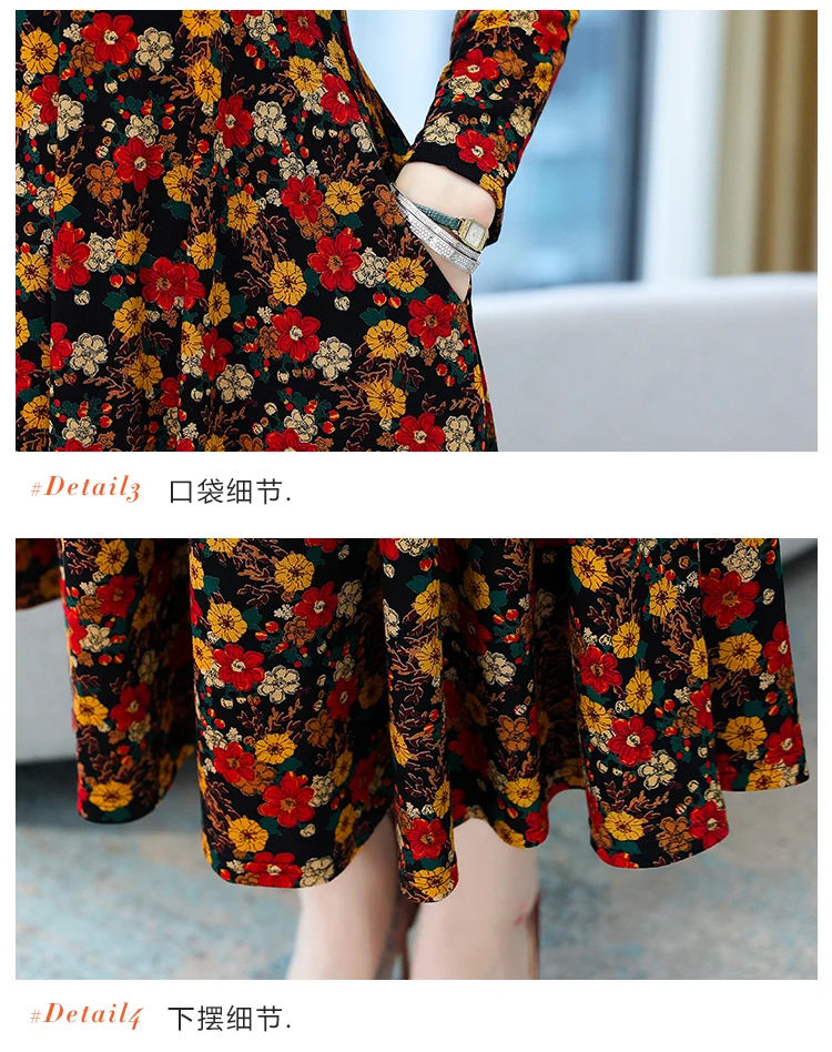 2021 Autumn New Arrival Hot Sale Stand Collar Flower Printed Long Sleeve Knitting Cotton A-LINE  Mid-Calf  Long Dress