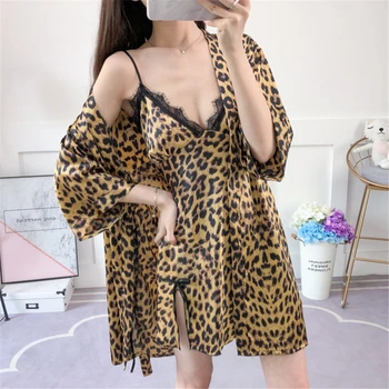 

Robe Leopard lace sexy woman's nightgown V-neck thin home service fashion charming suit Sleepwear new sexy nightware 2020
