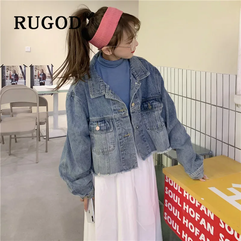 RUGOD, Осень-зима, стиль, шикарная Вельветовая джинсовая куртка с отложным воротником, утолщенные свободные укороченные топы, мода, Kpop одежда