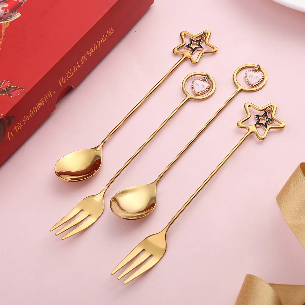 304 Stainless Steel Creative Cute Coffee Spoon Small Pendant Long Handle Water Cup Stirring Spoon Dessert Salad Fruit Fork 1PCS