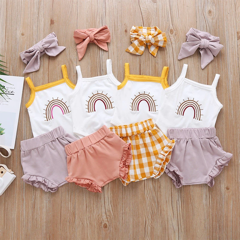 Summer Fashion baby girl Rainbow Print suspender Romper Plaid Shorts 3Pcs baby pants set fashion baby Outfits Baby Clothing Set