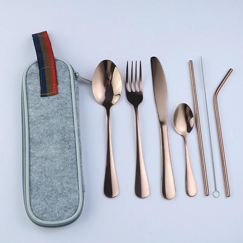 8pcs-s-rose-grey 8 шт. красочный праздничный набор столовых приборов золотой набор посуды из нержавеющей стали Портативный набор столовых приборов Органайзер набор столовых приборов посуда для путешествий - Цвет: 8pcs-s-rose-grey