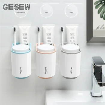 

GESEW Toothbrush Holder With 2 Cup Magnetic Attraction Wall Mount Punch Free Toothbrush Case Bathroom Accessories Sets