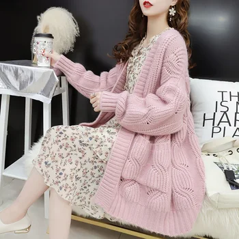 

Sweater Cardigan Girls Long Fund 2019 Autumn Easy Lazy Wind Hollow Out Knitting Unlined Upper Garment Loose Coat Woman
