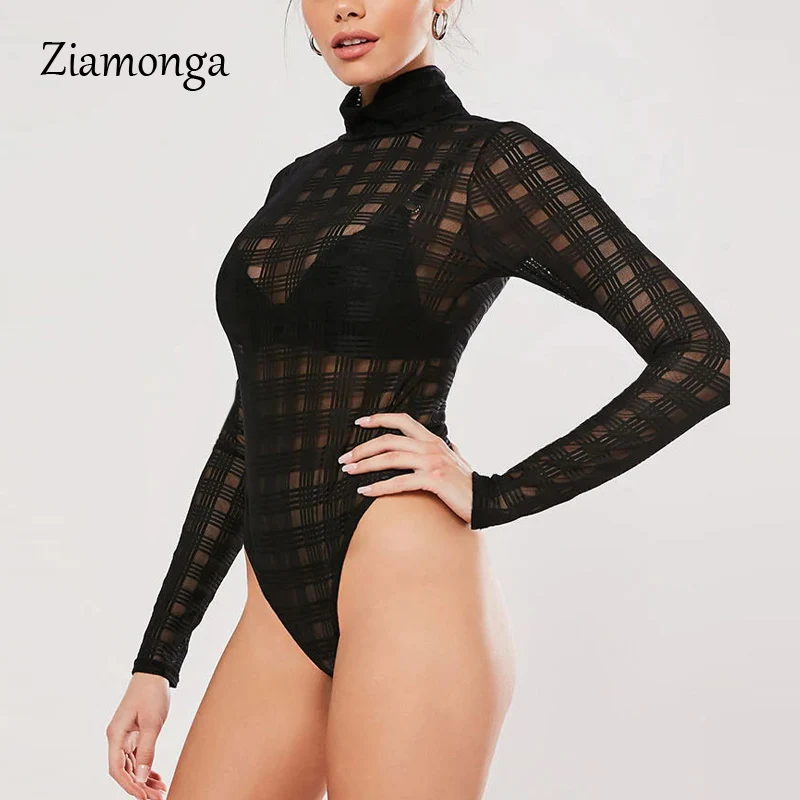Ziamonga, сетчатый женский комбинезон,, сексуальный, прозрачный, тонкий, вечерние, короткий, прозрачный, длинный рукав, водолазка, кружева, боди