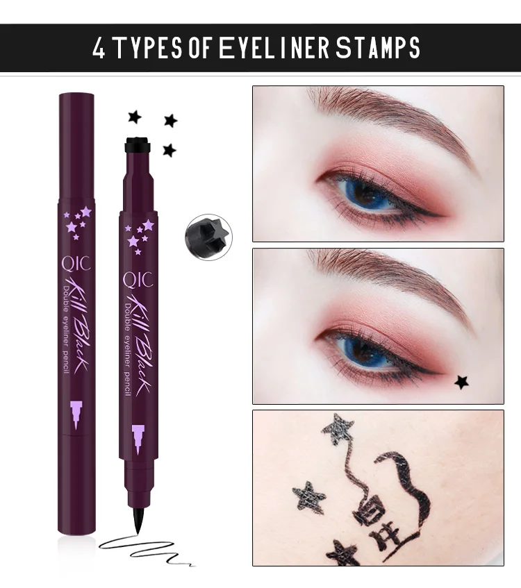 QIC Double-head Stamp Eyeliner Black Liquid Eyeliner Waterproof Tattoo Pen Makeup Tools 4 Styles of Stamp Star/Moon/Titoni/Heart