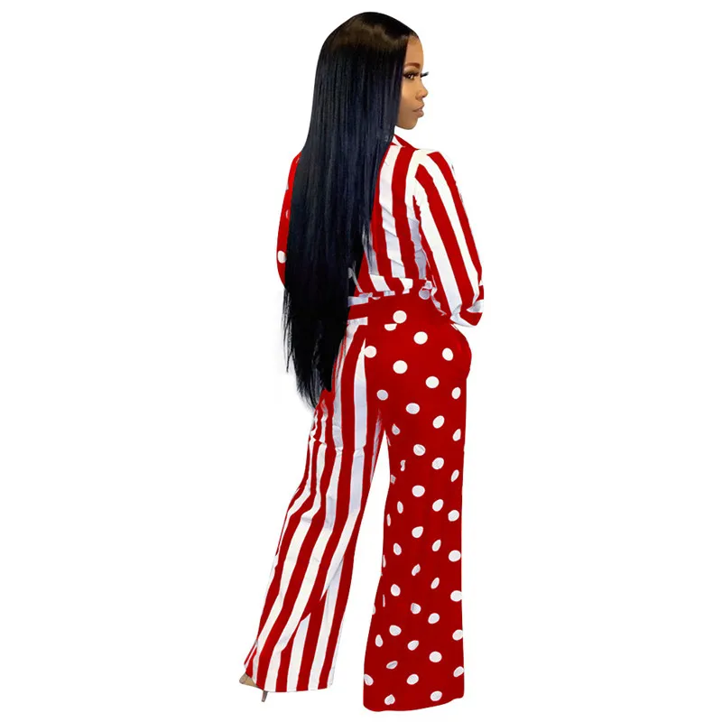 Adogirl Polka Dots Print Stripe Patchwork Loose Jumpsuit Long Sleeve Shirt Top Wide Leg Pants Casual Romper Office Lady Overalls Adogirl Polka Dots Print Stripe Patchwork Loose Jumpsuit Long Sleeve Shirt Top Wide Leg Pants Casual Romper Office Lady Overalls