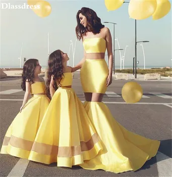 

2020 New Ywllow Flower Girl Dress Satin A-line Floor Length Sleeveless Strapless Two Pieces Mother Daughter Dresses Prom Dress