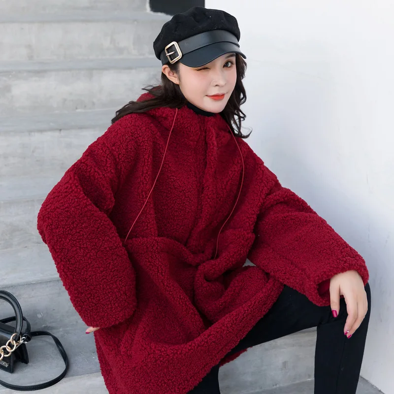 

Christmas Red Loose-Fit Lambs Wool Hoodie Women's 2019 Winter New Style CEC Mid-length Thick Hooded Coat Fashion