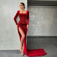 

Burgundy High Quality Satin Evening Dresses Court Cap Sleeve Square Collar Night Gowns Full Sleeve Dress 2022 Robe De Soirée Fem