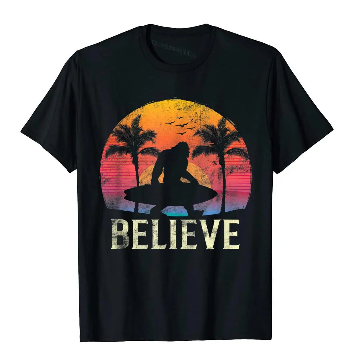 Retro Bigfoot Silhouette Sunset T-Shirt Aloha Hawaiian Gift__B8282black