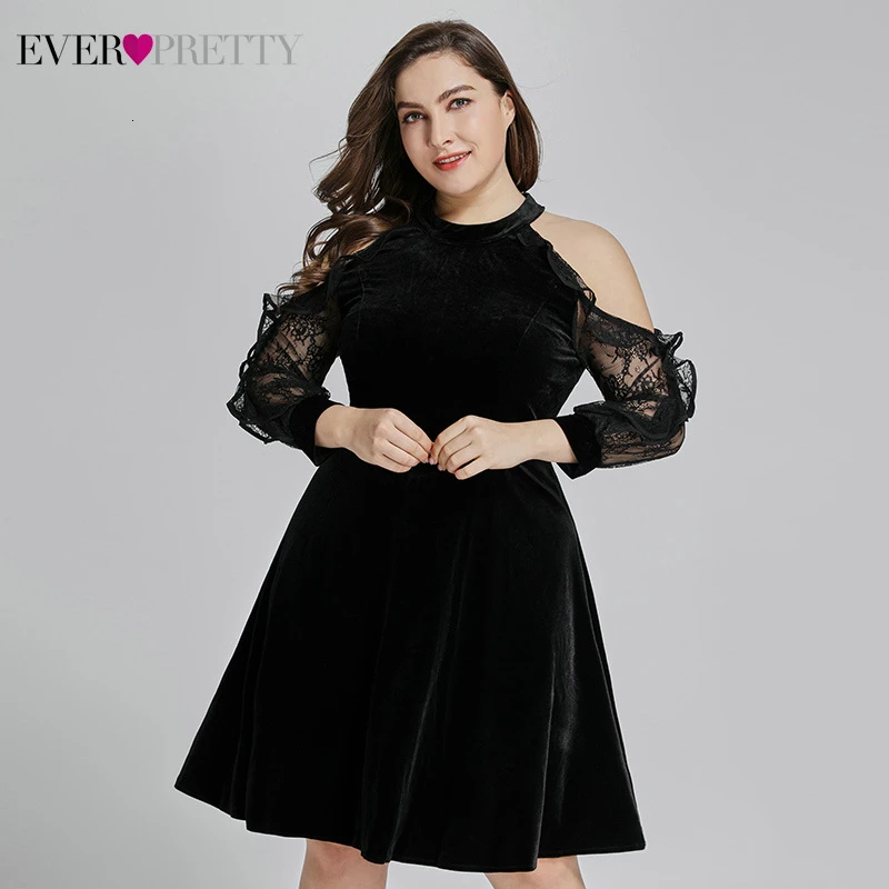 Сексуальные велюровые коктейльные платья Ever Pretty A-Line Холтер длинный кружевной рукав короткое вечернее платье для вечерние платья Vestidos De Coctel - Цвет: Black