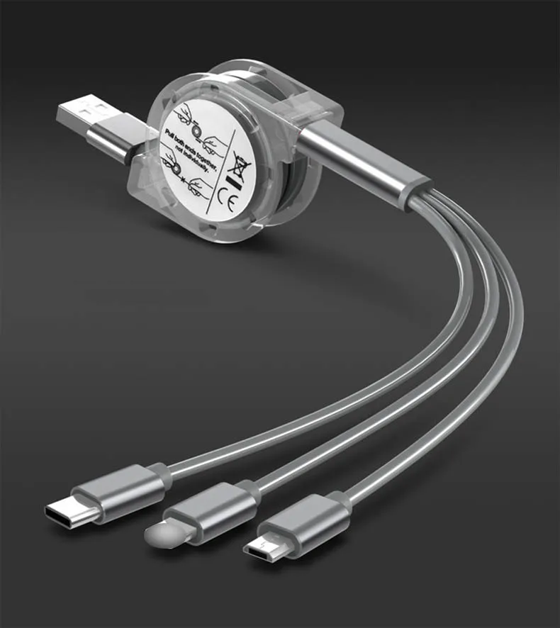 3 in1 Retractable USB Cable Type-c Charging line 100cm Coiled Data Line For iPhone&Android Fast Charging - Цвет: Color 3