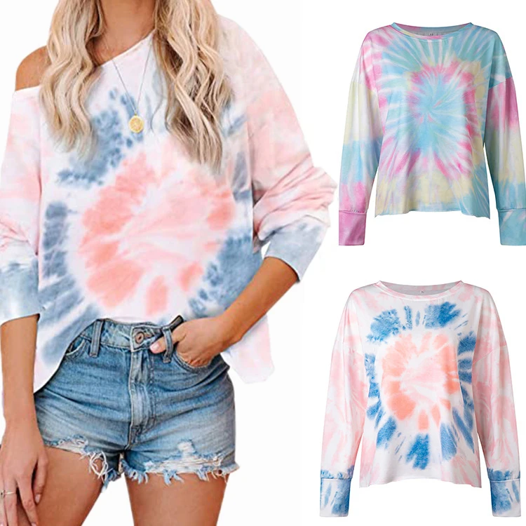 

Tie Dye Print Woman T-shirts Long Sleeve Plus Size T Shirt O-neck Gradient Color Tee Shirt Trendy Sexy Women Streetwear