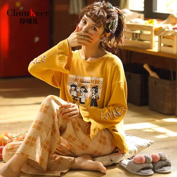 

Autumn and winter new style Woman Pajamas Set pure Cotton apparel 2 Peices pyjamas Women Leisure lovely Long Sleeves Homewear