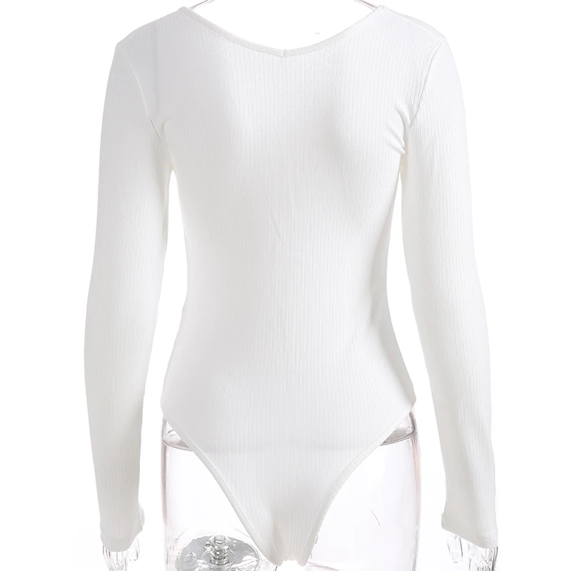 Rapwriter Casual V-Neck Long Sleeve Ribbed Skinny Bodysuit Women Autumn Winter Basic Sexy Slim Open Crotch Bodysuit Top