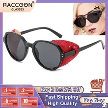 

2022 Fashion Steampunk Sunglasses Brand Design Round Shades Men Women Vintage Punk Sun Glasses Leather Side Shield Uv400 Eyewear