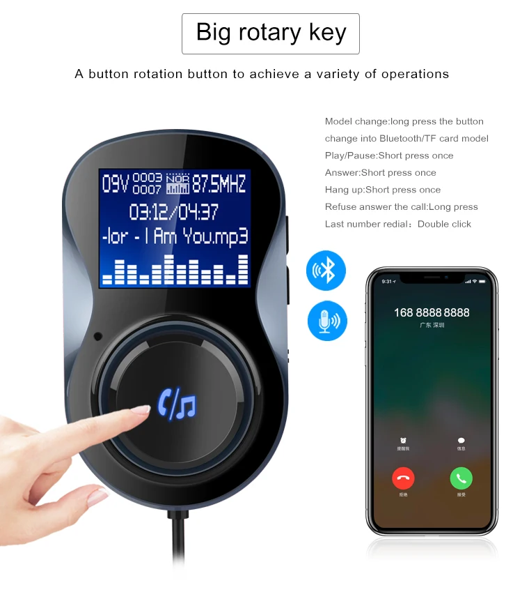 VIKEFON Bluetooth Handsfree FM модулятор стерео Автомобильный mp3 плеер аудио адаптер fm-передатчик Поддержка TF для iPhone XS 8 7 и Android
