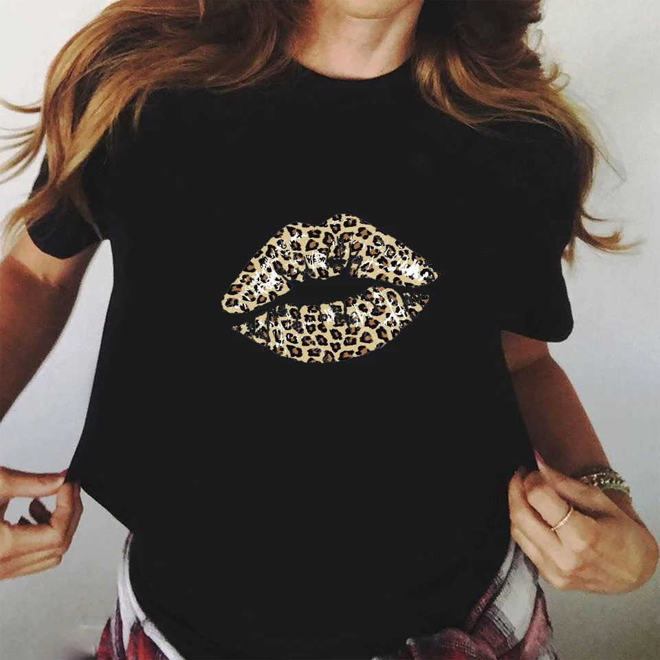 2020 Lips Leopard Graphic T Shirt lip Women Tops Shirt Base O-neck camisa leopard Black Tees Kiss Leopard Lip Funny Girls Tshirt