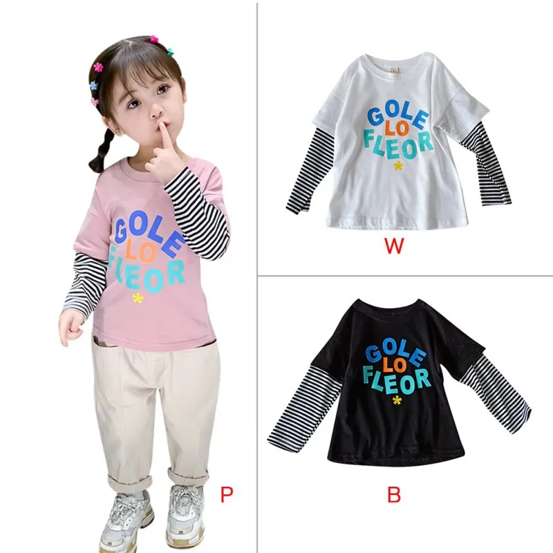 Children Tops 1-7T Spring Cute Stitching Stripes Print Wear Round Collar Long Sleeved Cotton Casual T-Shirt