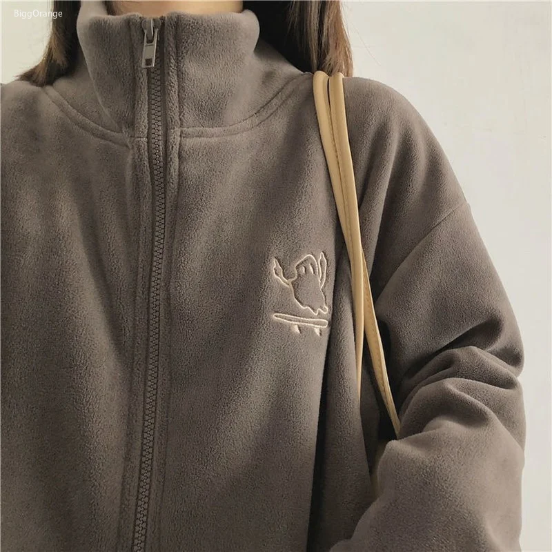 Casual Fleece Thick Hoodies Women Jacket Autumn Winter Korean Fashion Loose Stand Collar Plush Zipper Sweatshirt Outwear | Женская