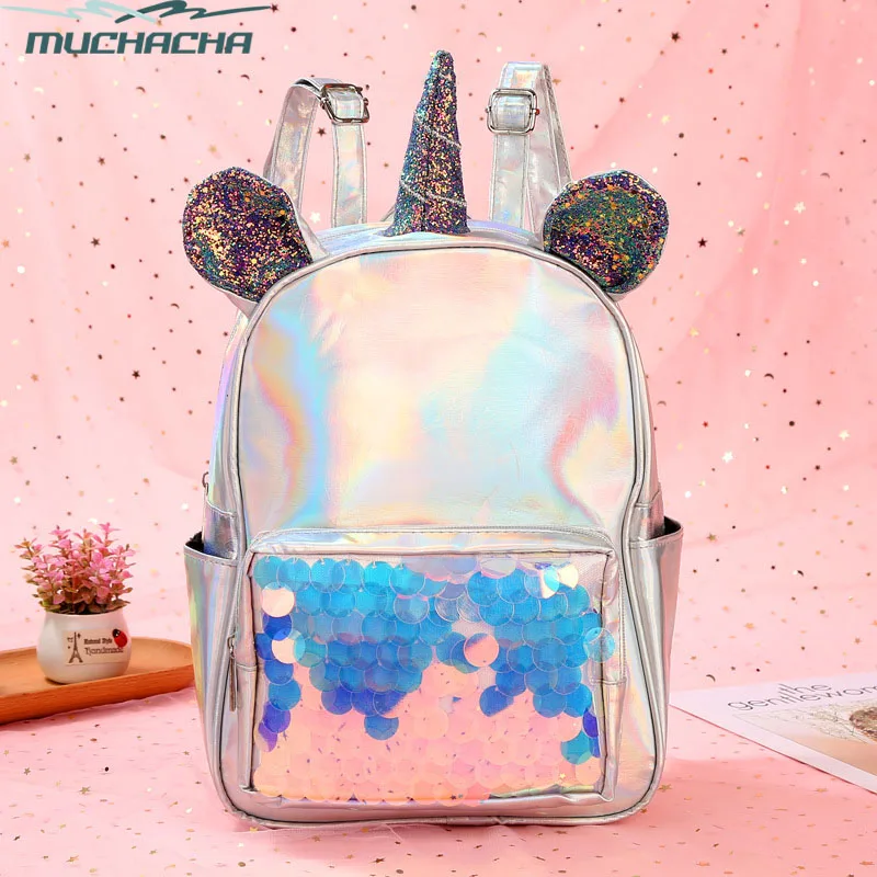 

Fashion Shiny Hologram Laser Patent PU Cartoon Mermaid Unicorn Children School Backpack Bag