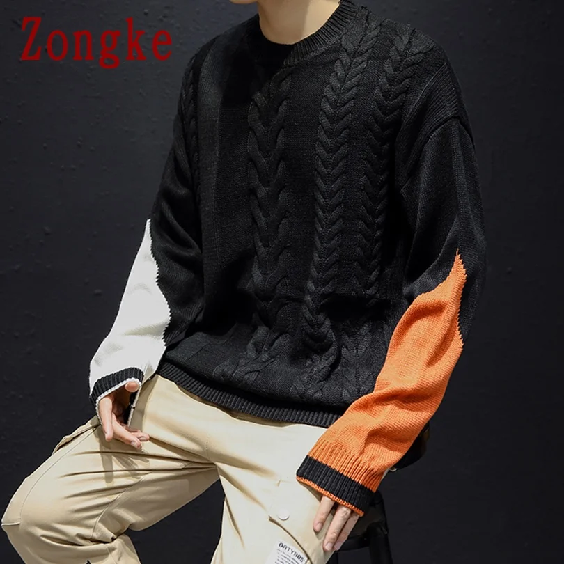 Black Zongke, новинка, Осень-зима, Повседневный свитер для мужчин, хлопок, облегающий, ВЯЗАННЫЙ ПУЛОВЕР для мужчин, модный бренд, мужские свитера, теплый M-3XL - Цвет: Black