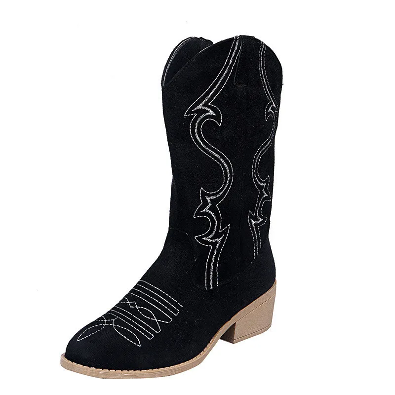 Women's Western Boots Autumn Vintage Long Tube Knight Boots Large Embroidered High-heeled Leather Shoes Knee Length Cowboy Boots