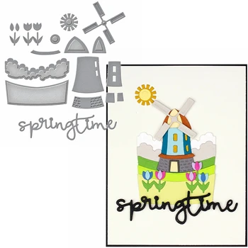 

Spring World/Scene Metal Cutting Dies Windmill&Sun&Flower&Spring time Phrase DIY New 2020 Die Cuts For Card Making