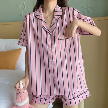 

pink blue striped pajamas shorts set women sleepwear summer home clothes faux silk short sleeve shirts 2pcs nightwear Y049