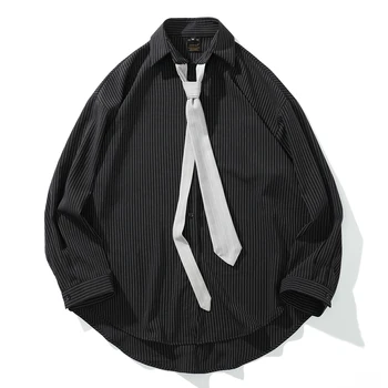 

Men's Shirt Vintage Black Striped Shirts Fake White Tie Office Gentleman School Boy Silky Soft Shirt Longsleeve Loose Shirts